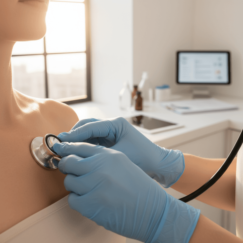Dr. Edgard Maestro realizando avaliação respiratória com paciente em clínica especializada